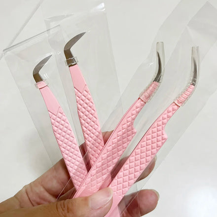 New Arrival Custom Lash Tweezers QC Eyelash Extensions Curved Tweezers 90 Degree Private Label Volume Lashes Fiber Tip Tweezers