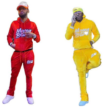 KY New Design Velour Street Wear Custom Slim Fit Tracksuit Men 2 Piece Set Hoodie Sets Men Flared Stacked Joggers