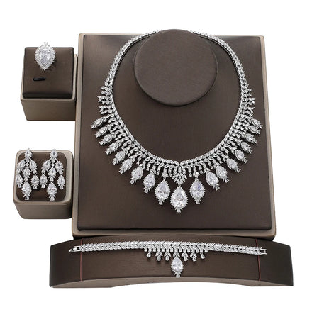Luxury Big Statement Heavy Cubic Zirconia Women's Long Tassel Wedding Necklace Earrings Pageant Jewelry Set for Brides CN4131