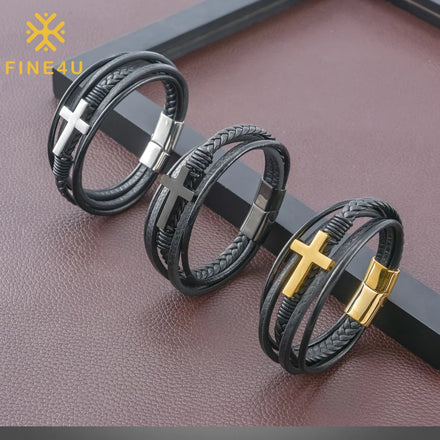 Wholesale Boys Fashion Jewelry Vintage Multi Layer Black Braided Cross Cuff Leather Bracelet Men