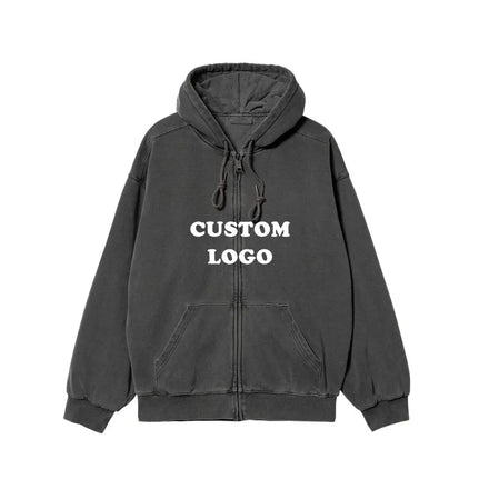 Custom Printing Logo Heavyweight Cotton Black Unisex Men Distressed Vintage Zip up Acid Wash Hoodies for Men
