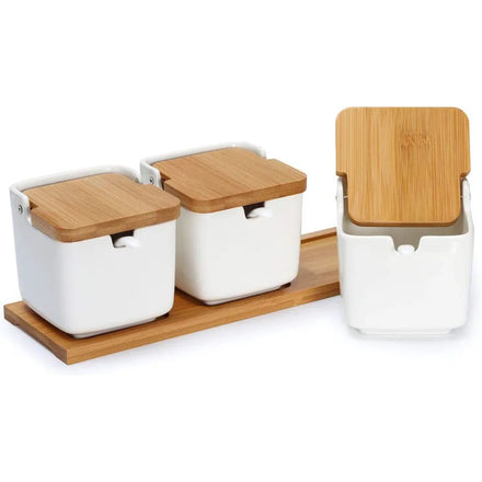 3 Pack Porcelain Food Storage Jars Ceramic Cookie Small Canister Bamboo Wood Lid Label Coffee Tea Sugar Containers 250ml