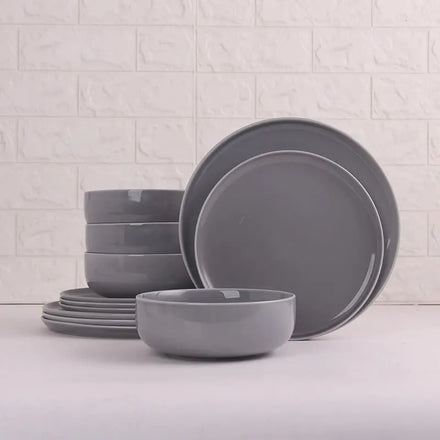 Nordic Hotel Restaurant Popular Vintage Pure Shiny Gray Porcelain Ceramic Charger Dinner Plate and Bowl