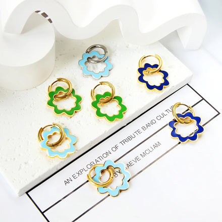 Stainless Steel 18K Gold Plated Hoop Earrings Jewelry Making Supplies Multiple Colors Drip Oil Flower Custom Earrings for Women