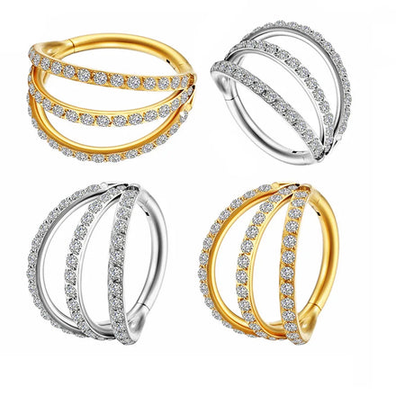 Fashion 316L Titanium Steel Three-Row Zircon Nose Ring Septum Earrings Gold Plated Women's Jewelry Piercing for Weddings