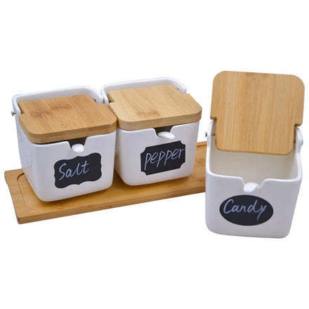 High Quality Ceramic Canister Kitchen Ceramic Condiment Food Coffee Storage Jar Canister Set With Bamboo Lid Spoon