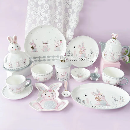 Creative Cute Rabbit Easter Decor Ceramic Tableware Light Luxury Embossed Craft Mug Bowl and Plate Home Tableware Set