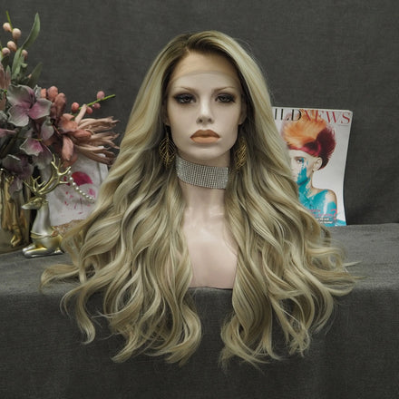 Celebrity Wig 26 Inch Hair Highlight Ombre Lace Front Wigs Synthetic Hair Wigs with Pre-plucked Natural Hairline