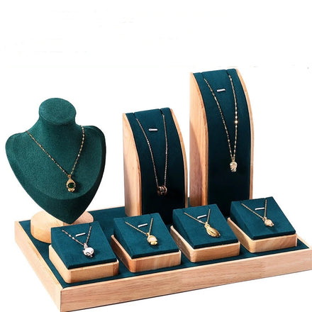 Zhuangqun Counter Show Natural Wood Green Microfiber Velvet Jewelry Ornament Display Stand Set Table Rack Holder 22x36cm