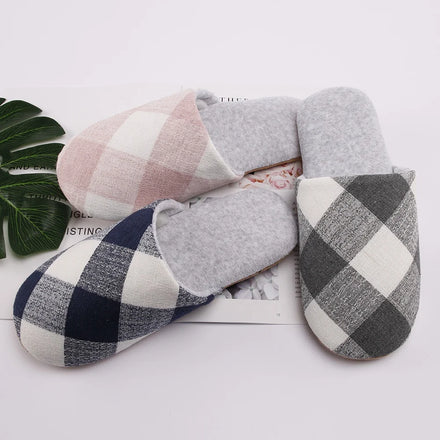 Four Seasons Woman Men Couple Plaid Fabric Quiet Soft Sole Home Indoor Slipper