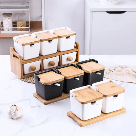Ceramic Food Storage Jar Airtight Kitchen Spice Jar Wholesale Ceramic Coffee Tea Sugar Canisters With Bamboo Lid