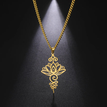 Lotus Flower Pendant Necklace Men Women Yoga Healing Charms Unalome Symbol Amulet Stainless Steel Jewelry
