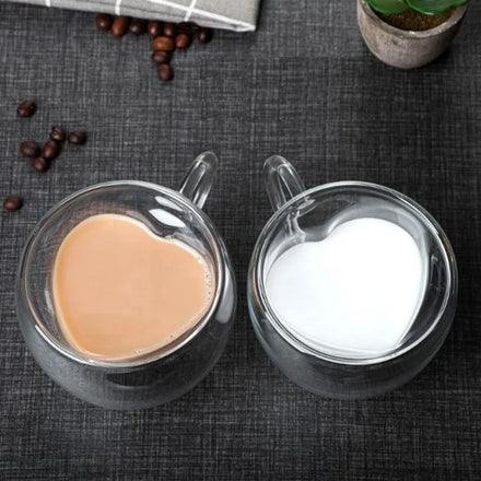 Creative High Temperature Resistant High Borosilicate Heart Shaped Double Layer Glass Coffee Mugs with Handle