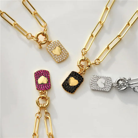 2025 Hot Girl Hip Hop Paper Clip Chain love Heart Knot Crystal Brass Pendant Necklace