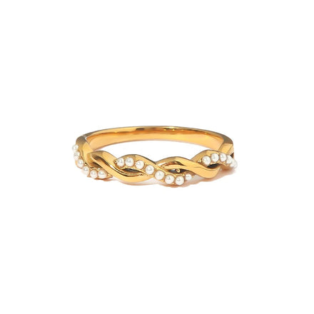 Waterproof Dainty Twisted Pearl Ins Popular 18K PVD Gold Plated Stainless Steel Stacking Ring