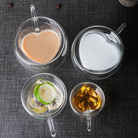 Koi Manufacturer High Temperature Resistant High Borosilicate Heart Shaped Double Layer Coffee Milk Drinks Cup with Handle