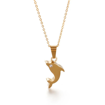 Simple Dainty Stainless Steel Gold Plated Cute Dolphin Zircon Eye Pendant Necklace Jewelry for Men Women