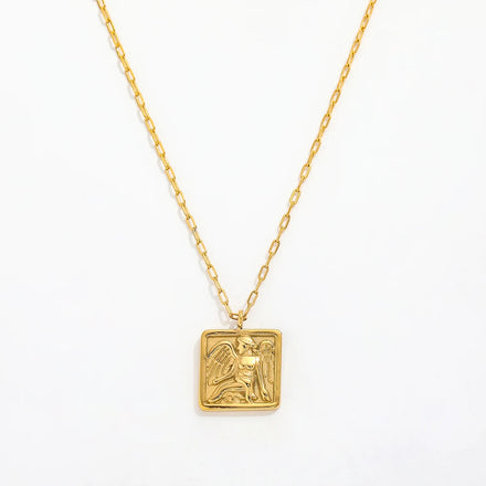 Fenny 18K Gold Plated Vintage Square Band Angel Pendant Necklace Basic Chain Trendy Stainless Steel Jewelry Wholesale