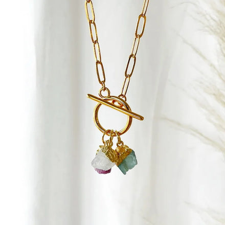 Raw Gemstone Rough Crystal Birthstone Charms Pendant Paper Clip Chain Necklace Birthstone Family Gemstone Necklace