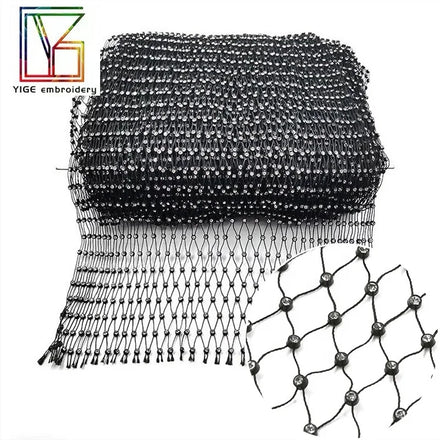 New Customizable Black Elastic Force Mesh With Crystal Fabric Stones Lace Rhinestone Net Lace Fabric