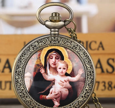 Round Nostalgic Antique Spring Switch Long Chain Necklace and Virgin Mary Stainless Steel Quartz Pocket Watches