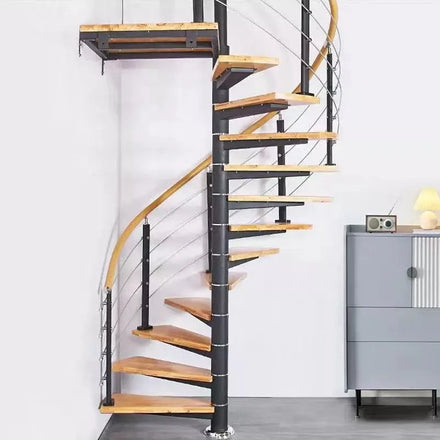 Modern Villa Outdoor Spiral Staircase Kit Round Steel and Wood Attic Customizable Central Column