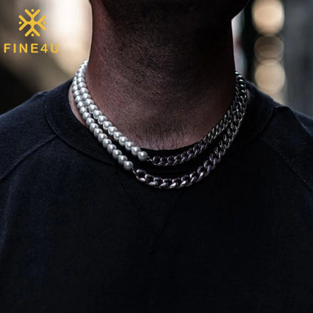 New Trendy Hip Hop Unisex Women Jewelry Stainless Steel Cuban Chain Gold Plated Pearl Necklace Men