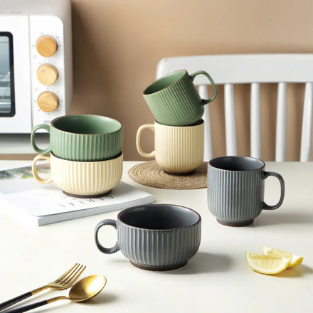 In Stock Matte Vertical Stripe350ml 420mlLarge Capacity Ceramic Water Mug Oatmeal Breakfast Cup