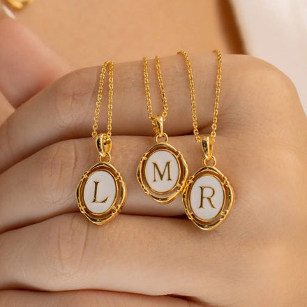 Simple Brass Initial Letter Charm Necklace 14K Gold Plated White Enamel Alphabet Oval Pendant Necklace for Women Jewelry