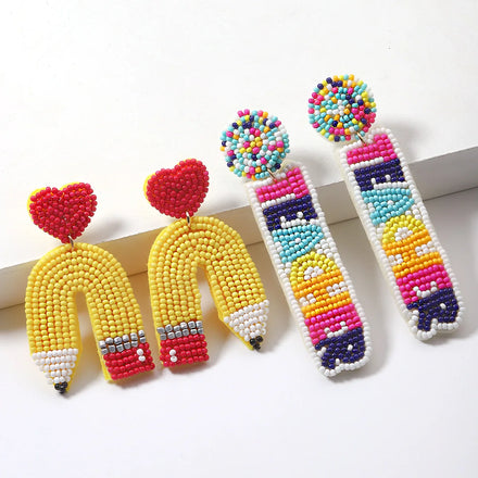 2025 New Arrivals Pencil with Heart Earrings for Women Handmade Seed Bead TEACHER Statement Drop Precious Beaded Earrings Jew