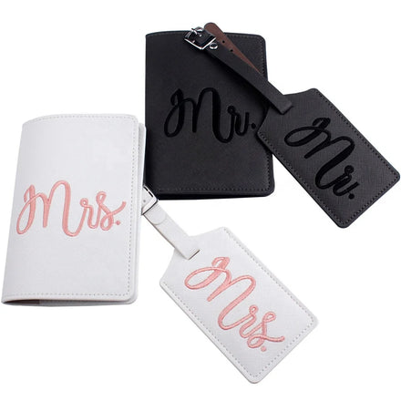 Custom Logo Saffino Leather Passport Card Holder PU Passport Cover Luggage Tag Set Mr. and Mrs.Passport Holder With Luggage Tag
