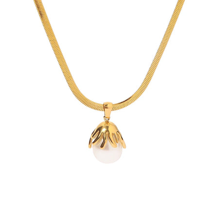 Baroque 18K Gold Plated Flower Pearl Necklace Stainless Steel Snake Chain Round Pearl Necklace