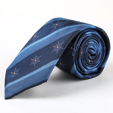 Custom Casual Yachting Pattern Tie Navy Blue Stripe Anchor Wheel Jacquard Silk Logo Tipping Twisted Bar Tack Handmade