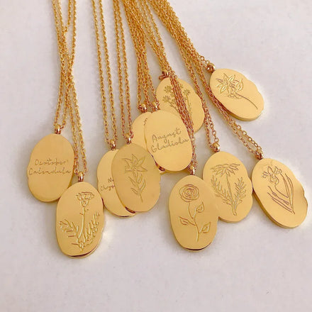 Wholesale Stainless Steel PVD 18K Gold Plated Oval Shape Engraving Letter&Birth Flower Pendant Necklace Jewelry for Women