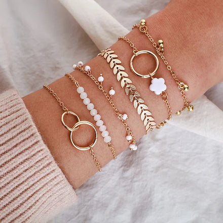 Trendy Geometric Link Chain Bracelet Set for Women Rhinestones Gold Color Arrow Beads Pendant Bangle Girls Jewelry