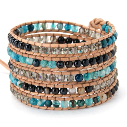 Handmade Femme Boho Penta Cyclic Leather Wrap Bracelet with Crystal Natural Stone Agate Beads Bohemian Style Jewelry