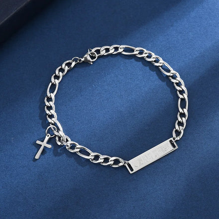 Round Pendant Cross Stainless Steel Chain Bracelet Two Layers for Men SB018