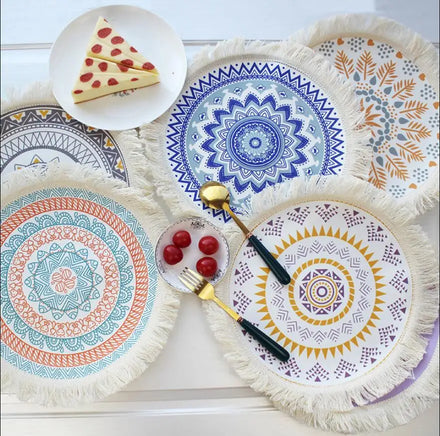 Kitchen Dining Wedding Home Decoration Washable Place Mat Heat Proof Boho Cotton Woven Table Mat Fringe Round Placemats