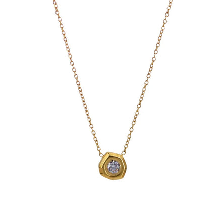 Compass Star Geometric Single Clear White Diamond Necklace 18 Karat Gold Plated Tarnish Free Stainless Steel Pendant Jewelry
