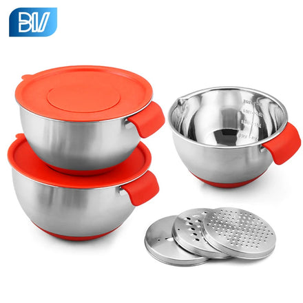 Silicone Bottom Bakery Salad Bowls Plastic Lid Stainless Steel Mixing Bowls With Grater