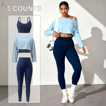 Women Adjustable Strap Sports Bra High Waist Yoga Butt Lift Leggings Long Sleeve Crop Top 3 Piece Workout Gym Outfit Set