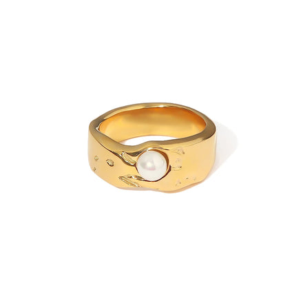 Dainty Stacking Irregular Lava Shape Pearl French 18K PVD Gold Plated Stainless Steel Ring Jewelry
