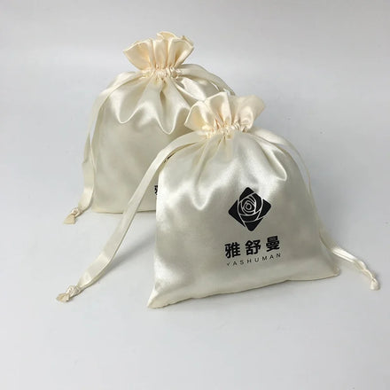 Luxury Vintage Lady Fashion Custom Soft Silk Satin Beige Drawstring Printing Gift Bag Recycle Cosmetic Pouch Dust Bag Black Logo