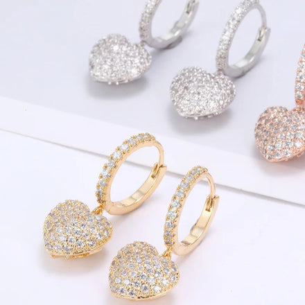 New Design Aretes De Mujer Fashion 18k Gold Full Rhinestone Earrings Jewelry Women Elegant Heart Charm Hoop Earring for Women