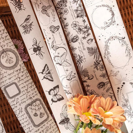 Paper Tape Garden Adventure Series Vintage Black and White Flower and Bird Hand Tent Material Collage 6Models