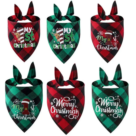 New All Cotton Red Black Green Check Dog Saliva Towel Single-layer Triangle Scarf Christmas Pet Scarf Triangle Scarf Bandanas
