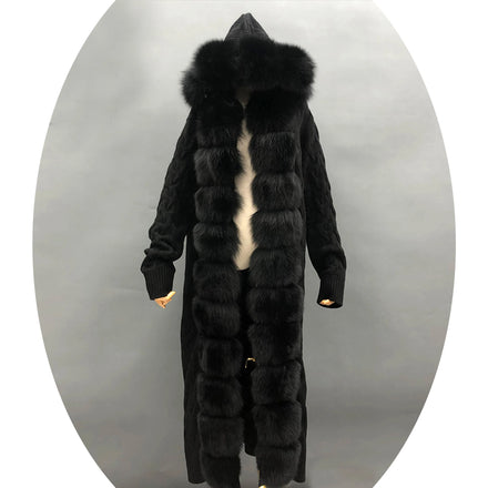 Long Ankle Length Women Knitted Cashmere Cardigan With Real Fox Fur Collar