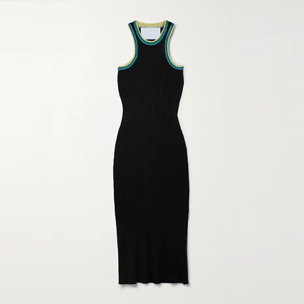 Custom Black Crew Neck Sleeveless Rib Casual Midi A-Line Silhouette Eco-Friendly Knit Dress for Women