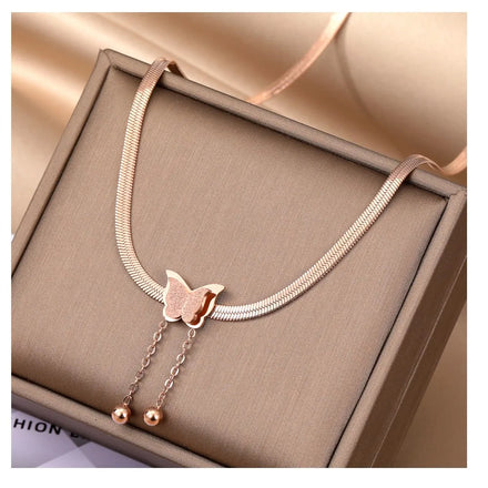 VKME Women Jewelry 18K Gold Plated Butterfly Necklace Stainless Steel Snake Bone Chain Butterfly Pendant Necklace