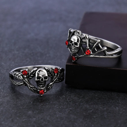 Read to Ship Non Tarnish Stainless Steel Retro Gothic Red Zircon Skull Ring Vine Skeleton Skull Punk Women Girl Band Ring